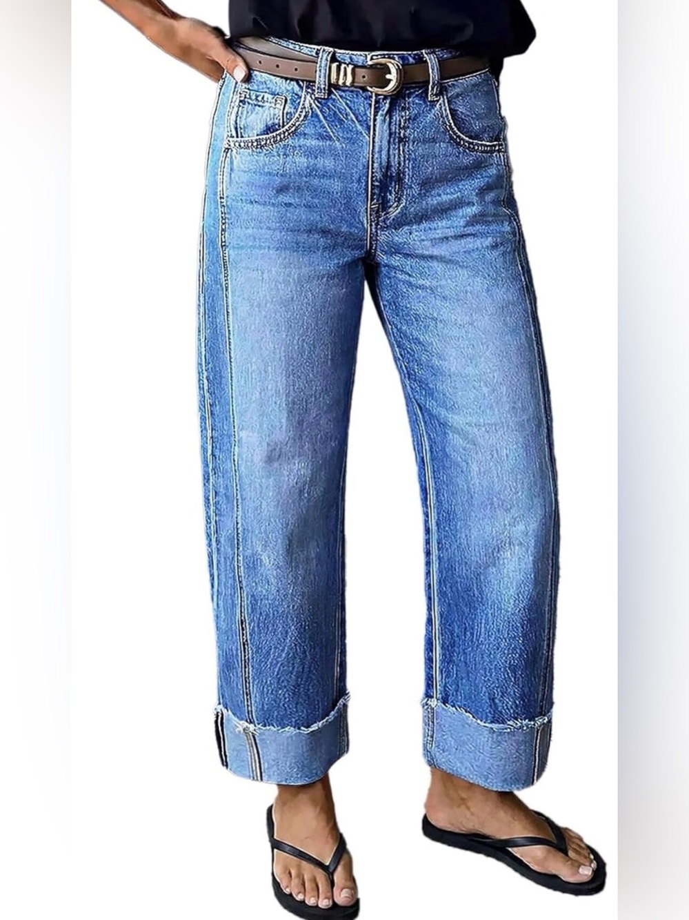 Flamingals Mid Rise Straight Leg Jeans Wash Seam Front Roll Raw Hem Denim Pants